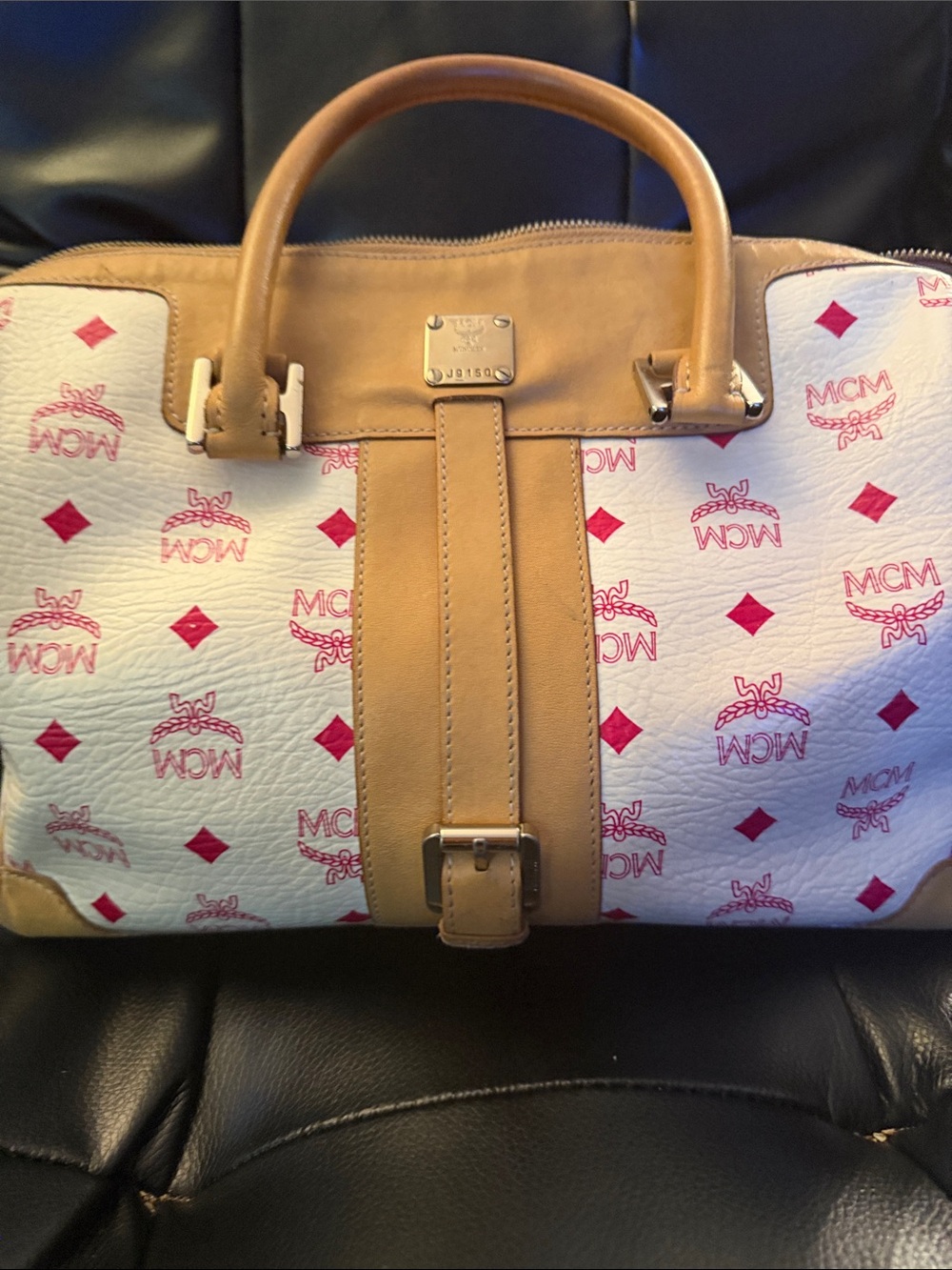 MCM White Satchel with Tan Trim and Pink Logo Print